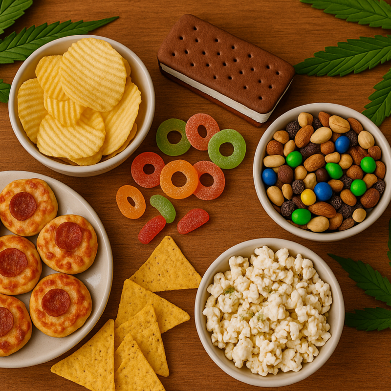 A wide rectangular image showing an assortment of popular munchie snacks arranged on a wooden surface, including chips, gummy candies, chocolate, popcorn, and pizza rolls, with a subtle cannabis leaf motif in the background, creating a relaxed and appetizing vibe.
