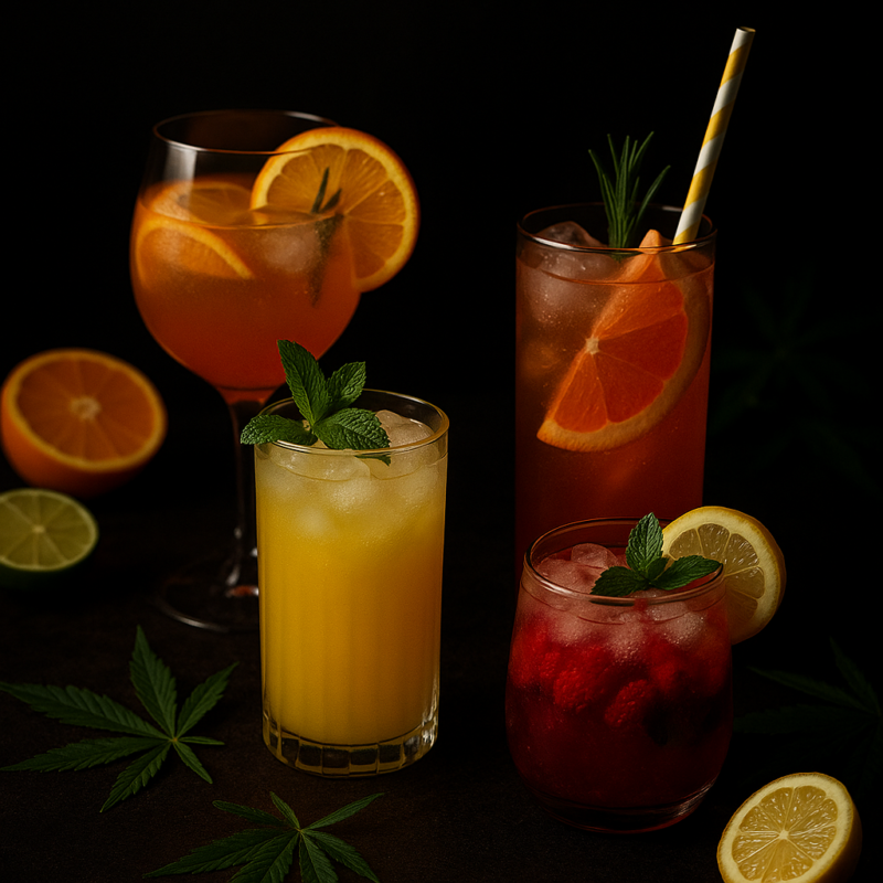 Four colorful cannabis-infused mocktails on a dark textured surface, each garnished with fresh herbs and fruit slices, surrounded by orange, lime, lemon halves, and cannabis leaves under soft, moody lighting.