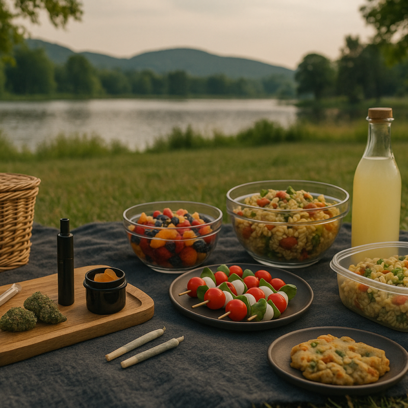A cannabis-themed outdoor picnic set by a peaceful lakeside features a dark gray blanket with an assortment of food, including pasta salad, fruit salad, Caprese skewers, and infused cookies. Cannabis products like pre-rolls, flower, a vape pen, and gummies are neatly arranged on a wooden tray next to a wicker basket. The serene background includes calm water, grassy fields, and tree-covered hills under soft golden sunlight.