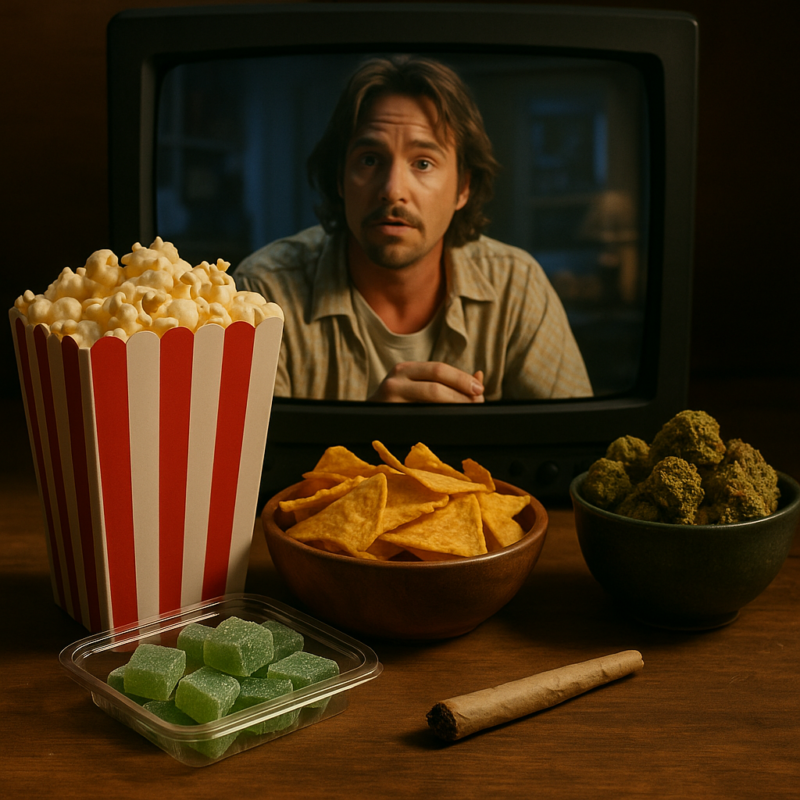 A cozy movie night setup featuring a vintage television displaying a man speaking, with snacks in the foreground including a tub of popcorn, a bowl of tortilla chips, green cannabis gummies in a clear container, a bowl of cannabis buds, and a rolled joint on a wooden surface.