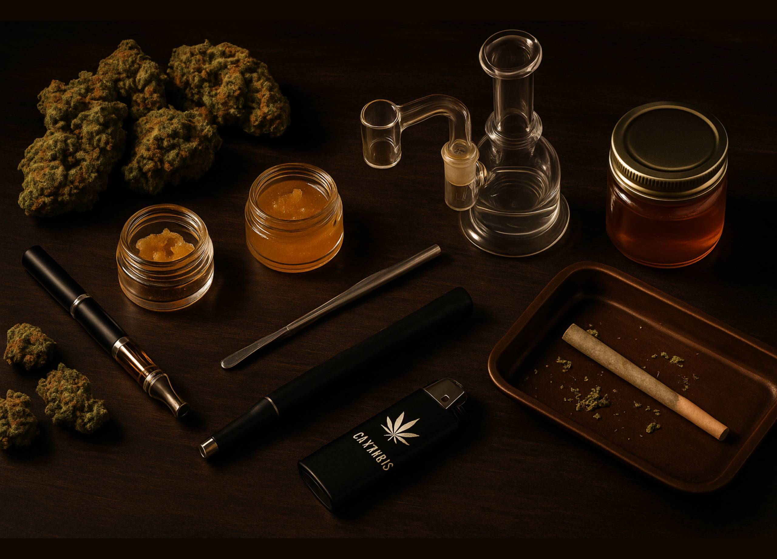 A high-resolution, moody-toned image of cannabis products arranged on a dark wooden surface, featuring dense cannabis buds, glass dab jars filled with golden concentrate, a dab rig, a vape pen, a cannabis-themed lighter, a metal dab tool, a jar of cannabis-infused honey, and a rolling tray with a pre-rolled joint and scattered herb.