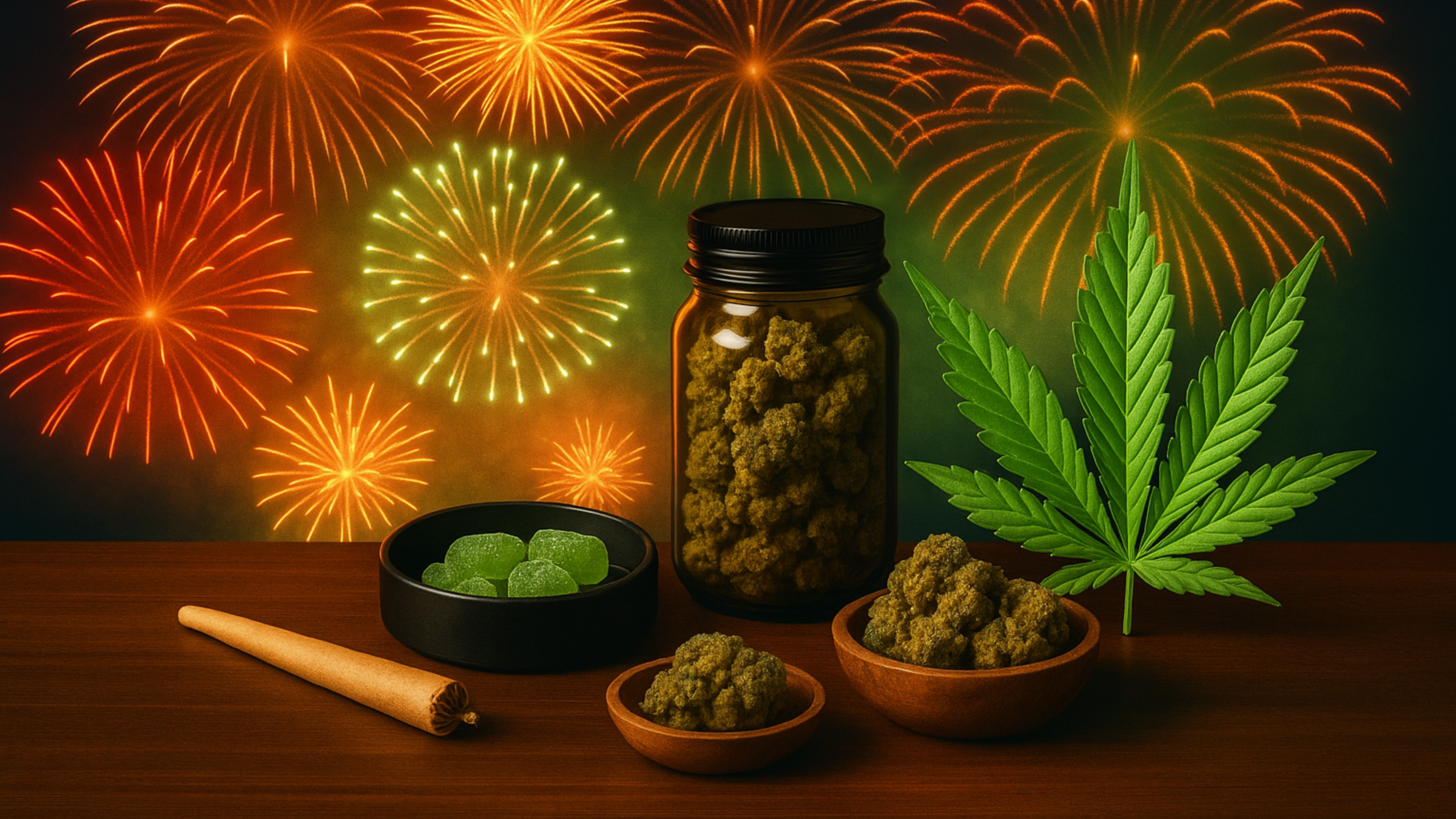 A festive scene featuring colorful fireworks exploding in the night sky behind a wooden table arranged with cannabis products, including a large jar of buds, smaller bowls of cannabis flower, green gummies in a black dish, and a pre-rolled joint - captured in a bright, celebratory tone.