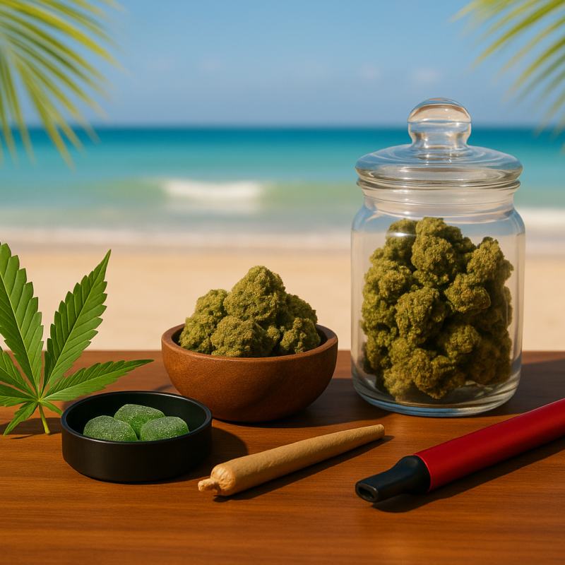 A vibrant beach scene featuring cannabis-related products on a wooden table, including a fresh cannabis leaf, a wooden bowl of frosty buds, a glass jar filled with flower, a black dish of green gummies, a pre-rolled joint, and a sleek red vaporizer pen. In the background, turquoise ocean waves meet golden sand under a sunny blue sky framed by palm leaves. Suggested Blog URL: https://bestcannabis.cc/blog/summer-cannabis-strains-selections.
