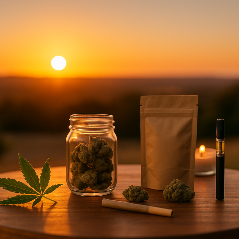 A serene sunset scene with cannabis products arranged outdoors on a wooden surface, symbolizing relaxation and evening wellness rituals.
