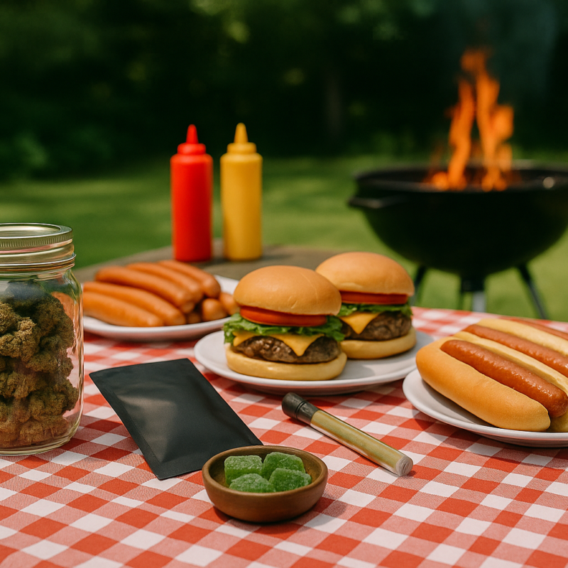 An inviting backyard barbecue scene with a red and white checkered tablecloth. On the table are cannabis products including a jar of buds, a black pouch, a bowl of gummies, and a pre-roll tube, placed beside plates of burgers and hot dogs. In the background, a charcoal grill with flames is surrounded by greenery, creating a festive cannabis-themed BBQ vibe.