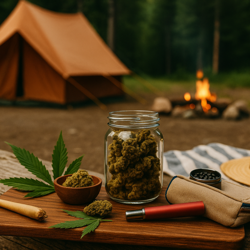 A cozy campsite scene featuring cannabis essentials arranged on a wooden log. In the foreground are a jar of cannabis buds, a pre-roll, a grinder, a red vape pen, a canvas pouch, and a cannabis leaf. In the background, an orange A-frame tent and a glowing campfire sit beneath tall trees, creating a warm and relaxing outdoor atmosphere.