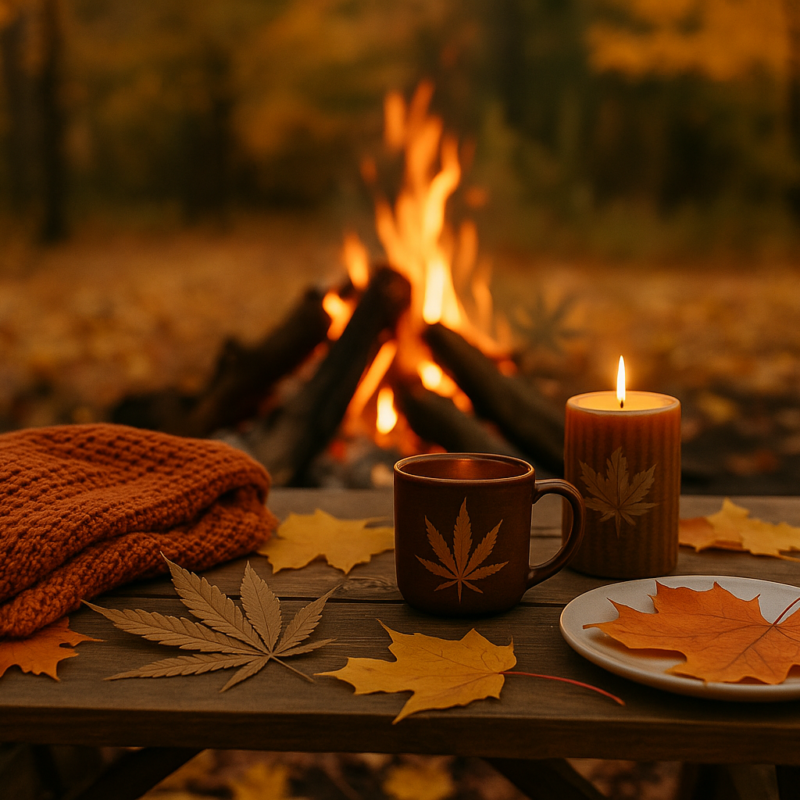 A cozy outdoor autumn setting with golden leaves scattered around. A rustic wooden picnic table sits near a campfire, decorated with pumpkins, warm blankets, and subtle cannabis leaf motifs. The background shows tall trees glowing in the warm light of sunset, creating a fall harvest vibe perfect for cannabis-inspired gatherings.