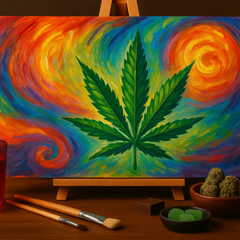 A wide rectangular painting canvas on a wooden easel, featuring a vibrant, colorful artistic theme with abstract brushstrokes in red, blue, green, and yellow. Subtle cannabis imagery, including a stylized cannabis leaf motif, is incorporated into the design, blending seamlessly into the creative artwork. The background shows a softly lit studio environment with art supplies nearby, emphasizing the fusion of art and cannabis.