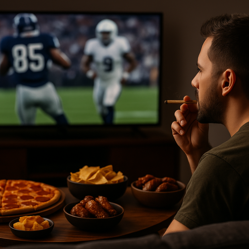 A man with neatly groomed hair and a beard sits on a sofa watching an American football game on TV. He is holding and smoking a lit pre-roll joint while relaxing. On the side table in front of him are game day snacks including pepperoni pizza, tortilla chips, and chicken wings. The room is warmly lit, with the TV screen highlighting the sports action.