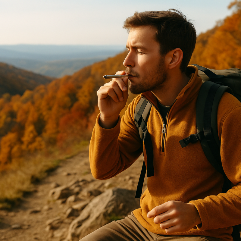 A young man in his late twenties wearing a mustard fleece and a backpack pauses while hiking up a rocky autumn hillside. He smokes a lit cannabis pre-roll joint while taking in the view of rolling hills and a forest of red, orange, and yellow trees under a hazy sky.
