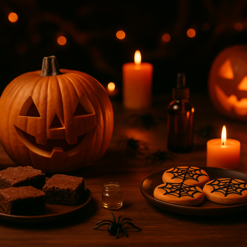 A Halloween-themed setup featuring carved pumpkins glowing with candlelight, cannabis-infused brownies, spiderweb cookies, popcorn, and a small cannabis oil dropper bottle arranged on a wooden table, creating a cozy, festive, and spooky ambiance.