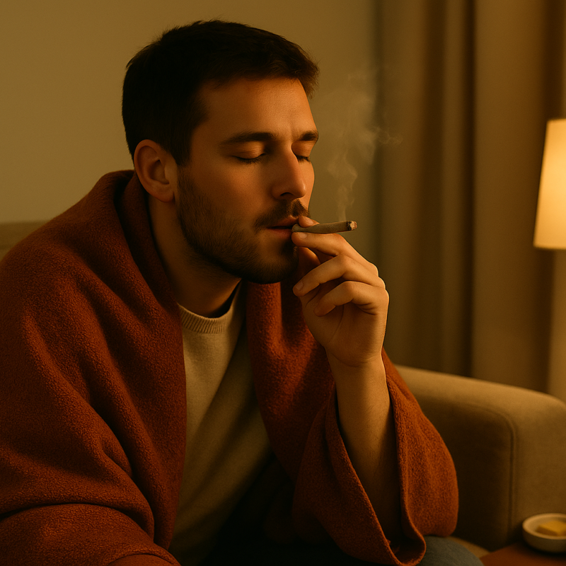 A man wrapped in a soft blanket sits comfortably on a couch in a cozy, warmly lit living room. He is smoking a joint and appears calm and relaxed, enjoying a quiet evening indoors. The room has a minimalist setup with a lamp providing gentle light and soft neutral tones that create a peaceful autumn atmosphere.