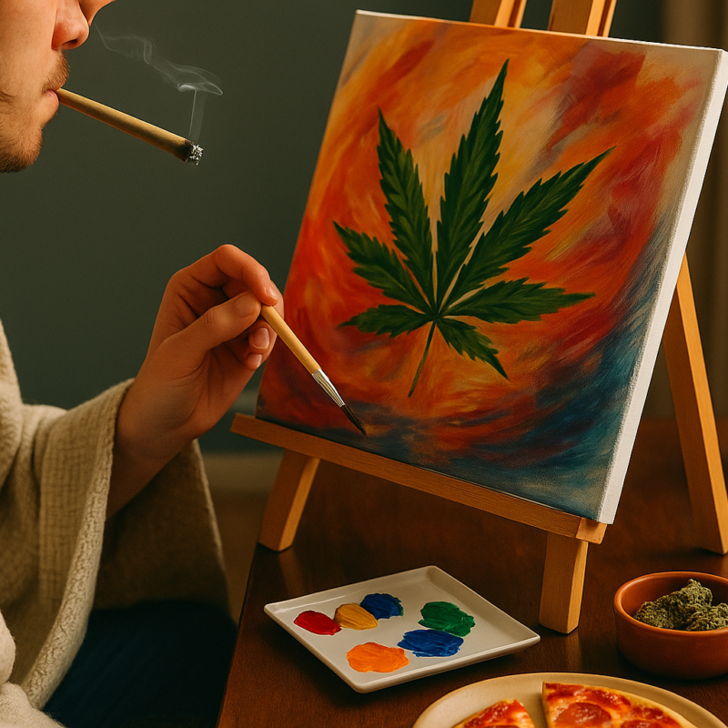 A person wrapped in a cozy blanket sits in a softly lit room, smoking a joint while painting on a canvas. The scene captures a peaceful, creative indoor setting with warm light, sketchbooks, and art supplies scattered nearby, evoking a relaxed atmosphere of cannabis-inspired creativity.