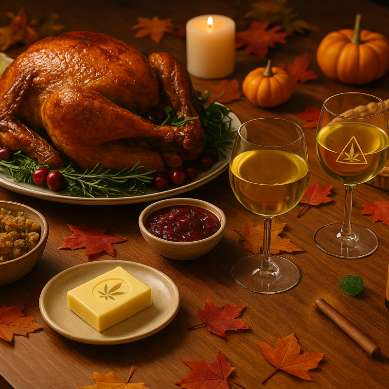 A festive Thanksgiving dinner table with autumn decorations. Dishes include roast turkey with gravy, mashed potatoes, stuffing, cranberry sauce, and a golden pumpkin pie decorated with a cannabis leaf. Two wine glasses filled with cannabis-infused drinks are set beside bowls of gummies, small pumpkins, and fall leaves, all lit by a warm candle glow.