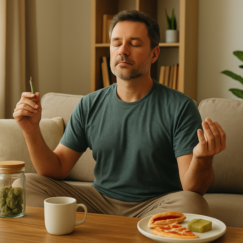 A middle-aged man with short dark hair and a calm expression sits cross-legged on a beige sofa in a softly lit living room. He holds a cannabis joint in one hand while meditating with eyes closed. A mug, small plate of snacks, and a glass jar are on the wooden coffee table in front of him, surrounded by plants and natural light for a serene, mindful atmosphere.