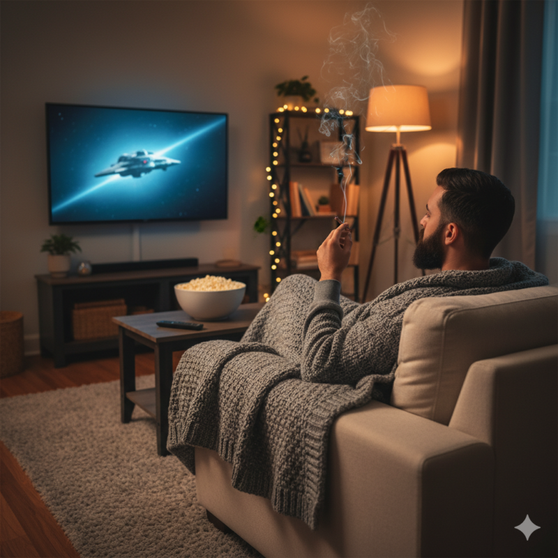 A cozy evening indoor scene featuring a man with short dark hair and a beard, sitting comfortably on a sofa under a blanket. He holds a lit cannabis joint and watches a movie on TV, with a bowl of popcorn and warm lighting creating a casual, relaxed atmosphere perfect for a chill night in.