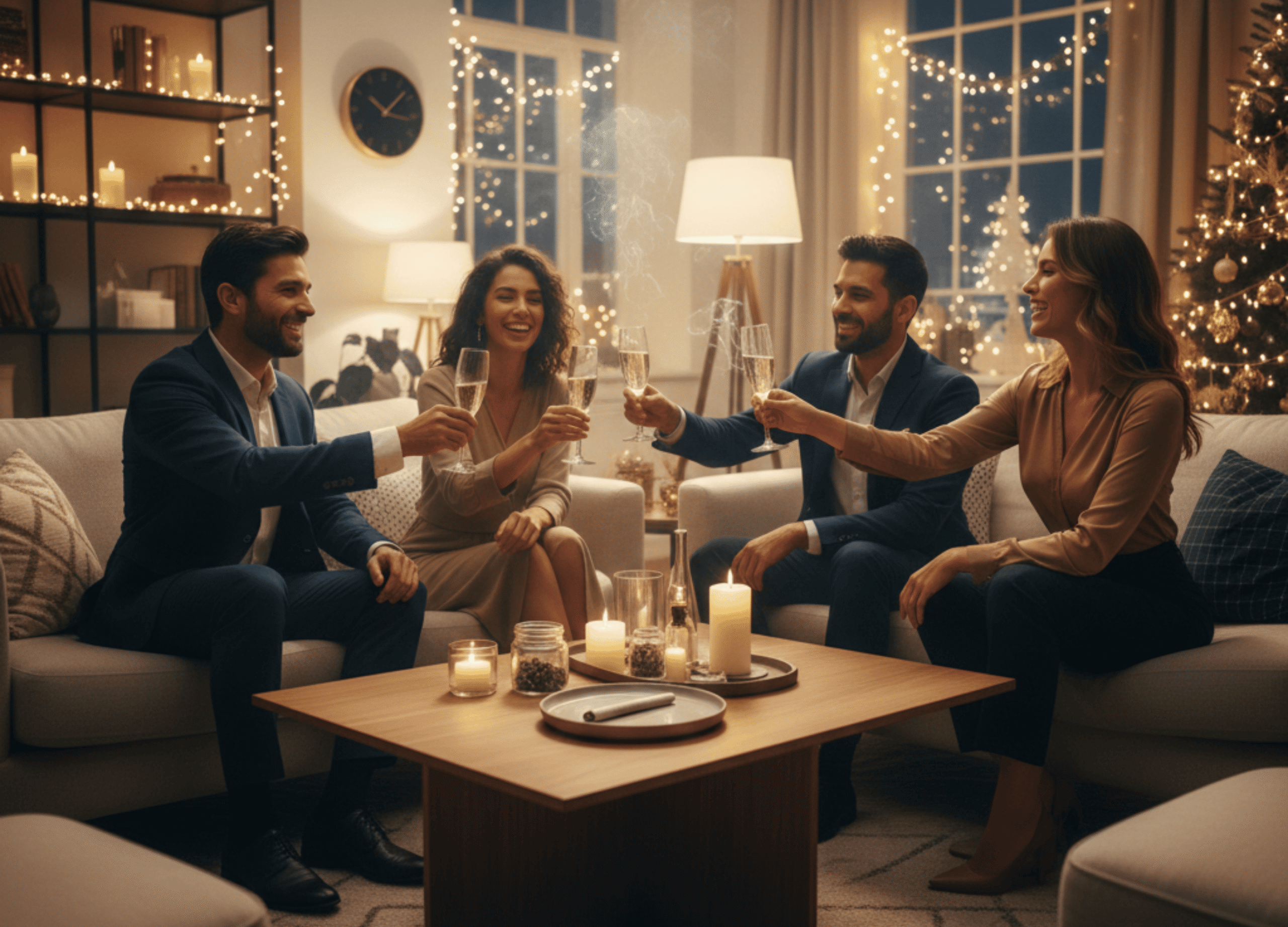 A cozy New Year’s Eve celebration indoors with friends relaxing under festive lights. A subtle cannabis theme creates a calm, elevated atmosphere as the group enjoys the moment and prepares to welcome the new year.