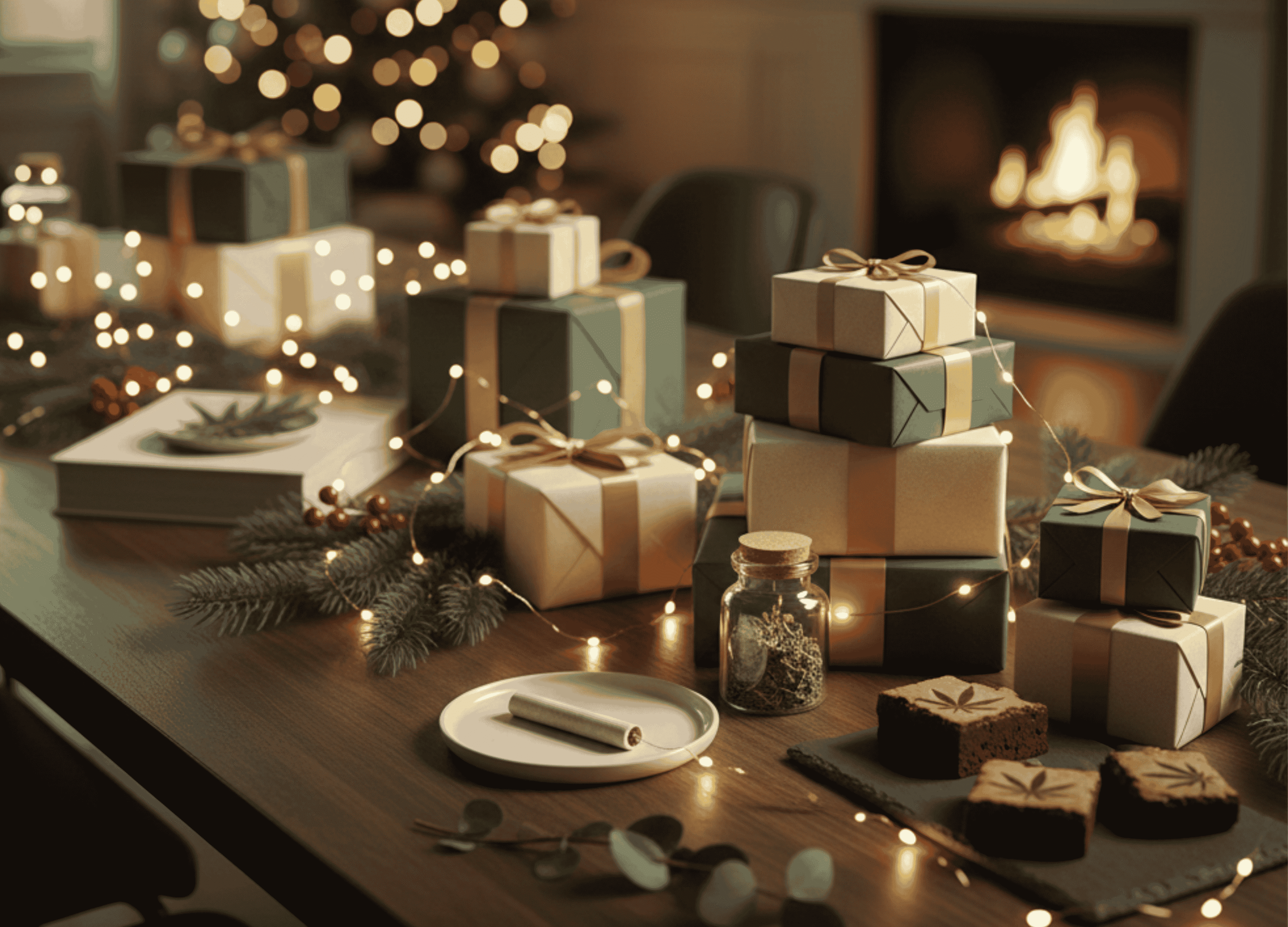 A cozy holiday gift setup featuring wrapped presents, warm string lights, pine branches, and subtle cannabis-themed items like a pre-roll and edible brownie arranged on a wooden table, creating a festive and modern cannabis gifting scene.