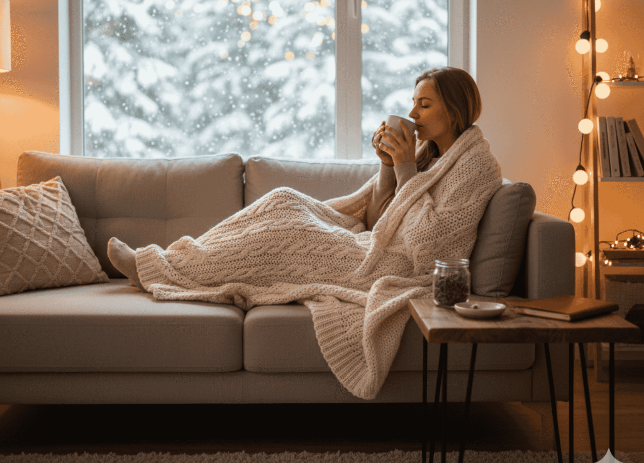 A cozy indoor winter scene showing a person relaxing on a couch while snow falls outside the window. Warm lighting, blankets, and a calm atmosphere reflect cannabis snow day ideas and indoor winter relaxation.